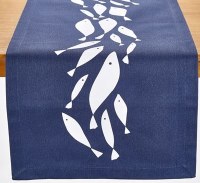 72" Navy With White School of Fish Fabric Table Runner