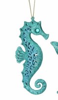 5" Turquoise Glitter Metal Seahorse Ornament