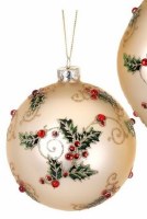 4" Round Champagne Glass Ball With Red and Green Holly Filigree Ornament