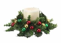 3" Opening Faux Pine and Multicolor Ball Ornaments Candle Ring