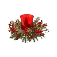 16" Faux Berry and Pinecone Spruce Red Hurricane Candleholder