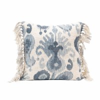 20" Square Blue and Cream Stonewashed Cotton Ikat Pattern Pillow With Tassels