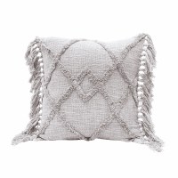 20" Square Gray Cotton Diamond Tufted Pillow With Tassels