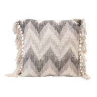 20" Square Gray and White Stonewashed Cotton Chevron Print Slub Pillow With Tassels