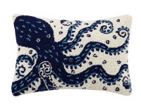 12" x 18" White and Navy Octopus Hooked Pillow