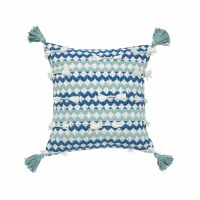 22" Square Blue and Aqua Zigzag Woven Pillow With Corner Tassels