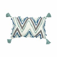 14" x 22" Blue, Gray and Aqua Chevron Pillow With Corner Tassels