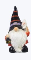 6" Polyresin Halloween Gnome With Black Striped Hat and Ghost