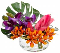 8" Faux Purple, Orange and Pink Orchid Anthurium Tropical Glass Bowl