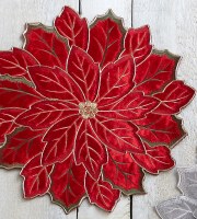 16" Round Red Embroidered Velvet Poinsettia Placemat