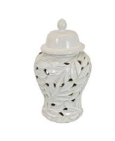 12" White Ceramic Openwork Leaf Vase With Lid