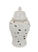 19" White Ceramic Openwork Leaf Vase With Lid