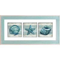 24" x 50" Triple Green and Blue Shells Coastal Print With White and Green Frame Under Glass