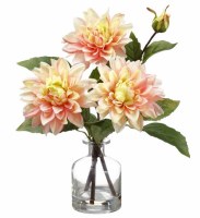 14" Faux Pink and Green Dahlia in a Glass Vase