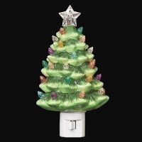 7" Green Ceramic Vintage Tree Night Light With Color Bulbs