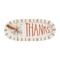 16" Oval Hand-Painted Ceramic Give Thanks Platter With Wood and Silver Spreader by Mud Pie Fall and Thanksgiving