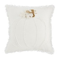 18" Square White Cotton Slub Pumpkin Applique Pillow by Mud Pie Fall and Thanksgiving Decoration