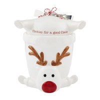 10" Hand-Painted Ceramic Reindeer Cookie Jar With Silver Tongs by Mud Pie