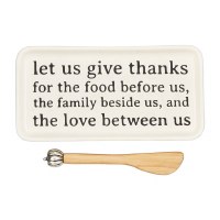 4" x 8" Let Us Give Thanks Ceramic Butter Dish With Pumpkin Spreader by Mud Pie Fall and Thanksgiving