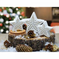Set of 3 4" & 5" LED White Pierced Ceramic Standing Stars
