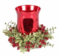 6" Red Glass Tea Light Hurricane With Faux Red Berry Mistletoe