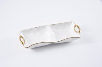 13" White and Gold Two Compartment Bowl with Handles by Pampa Bay