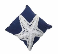18" Square White Embroidered Starfish on Navy Pillow