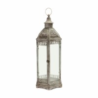 29" Distressed Gray Metal Hexagonal Lantern With Glass Windows