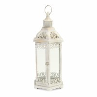 21" Distressed White Metal Hexagonal Lantern With Glass Windows