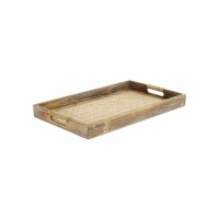 11" x 18" Brown Woven Wood Center Tray With Rope Wrapped Handles