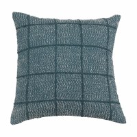 20" Square Blue Woven Cotton Embroidered Grid Pillow