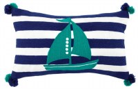 12" x 20" Blue and White Striped Embroidered Sailboat Outdoor Pillow With Pom Poms