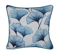 17" Square Blue and White Gingko Leaves Outdoor Pillow With Piping