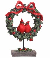 14" Red and Green Cardinal Couple in Holly Wreath Table Top Statue