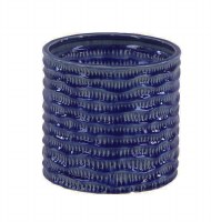 7" Round Dark Blue Ribbed Ceramic Pot