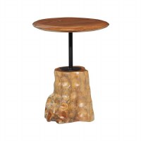 18" Round Teak Wood Table With Wood Stump Base