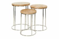 Set of 3 Round Natural Wood With Silver Metal Base Nesting Tables