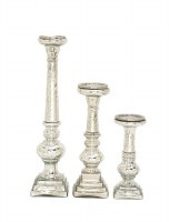 Set of 3 Silver and Glass Pillar Candleholders