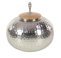 11" Round Silver Dimpled Metal Jar With Wood Lid