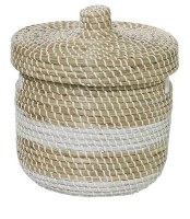 13" Natural and White Color Block Seagrass Basket With Lid