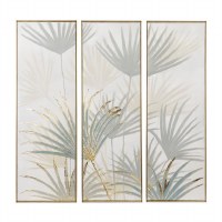 Set of 3 47" x 16" Green and Gold Hand Painted Palmetto Canvas Triptych in Gold Frame