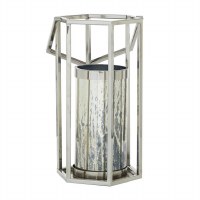 18" Silver Metal and Glass Hexagon Lantern