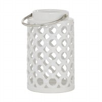 11" White Ceramic Open Circles Lantern With Silver Handle