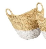 17" Oval Natural and White Water Hyacinth Basket With Circle Handles