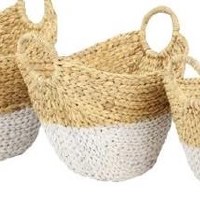 15" Oval Natural and White Water Hyacinth Basket With Circle Handles