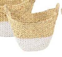 13" Oval Natural and White Water Hyacinth Basket With Circle Handles