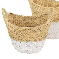 12" Oval Natural and White Water Hyacinth Basket With Circle Handles