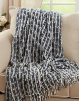 50" x 60" Navy and Ivory Striped Cotton Throw With Tassel Balls