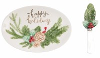 8" Oval Happy Holidays Holly Berry and Pinecone Plate With Spreader