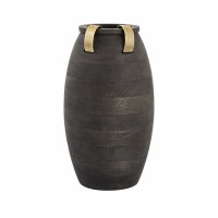 16" Tall Black Mango Wood Vase With Gold Metal Cuffs